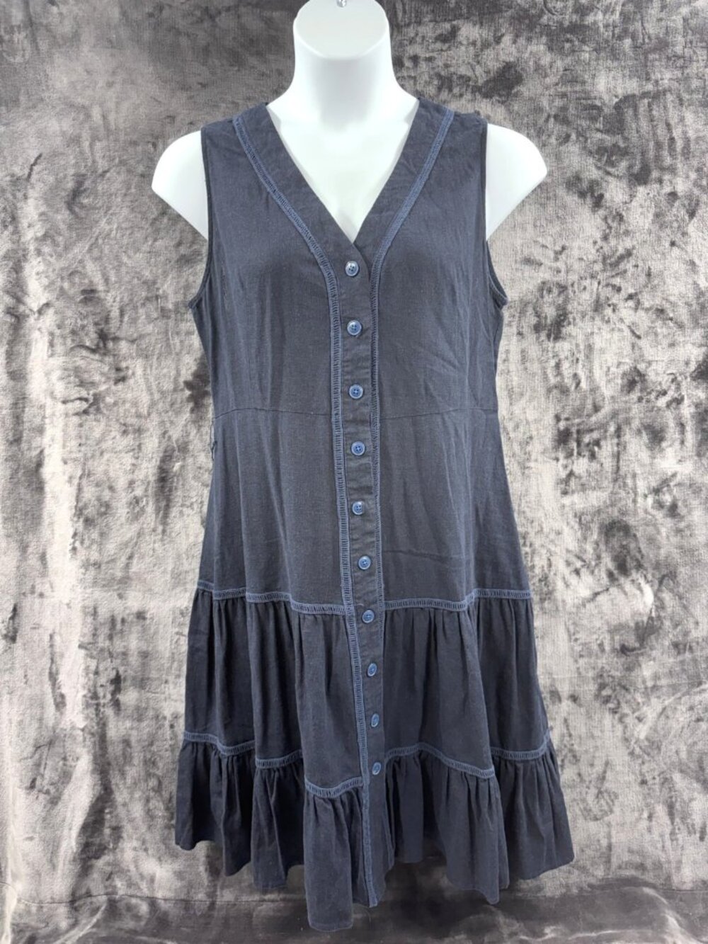 Nicole Miller New York Women s Blue Linen Blend Tiered Button Front Dress